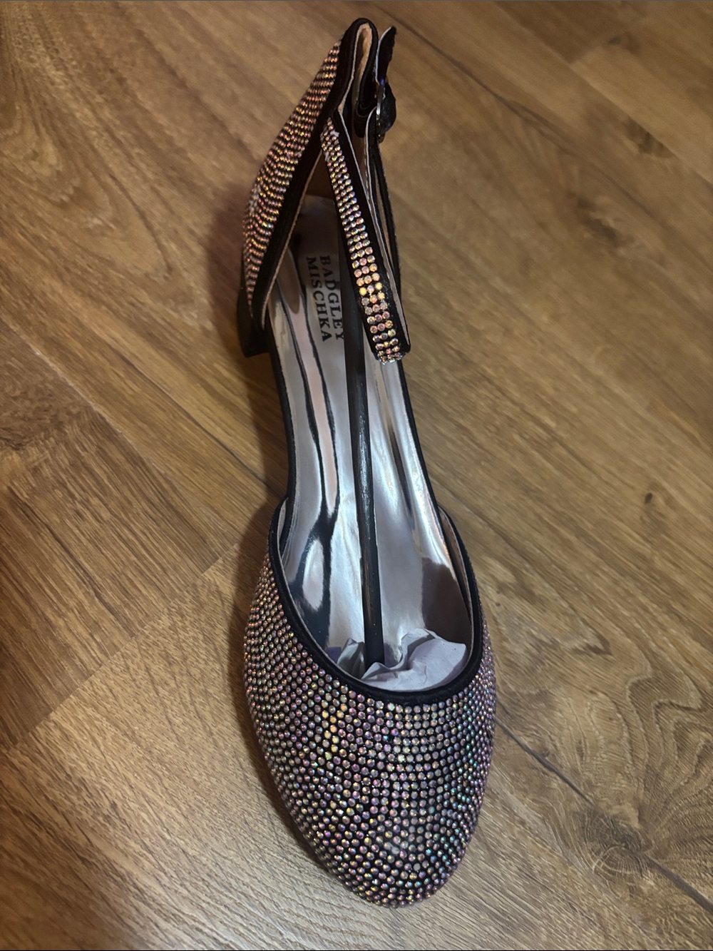 Badgley Mischka Iridescent Crystal Flats with Black Trim and Ankle Strap - Picture 5 of 8